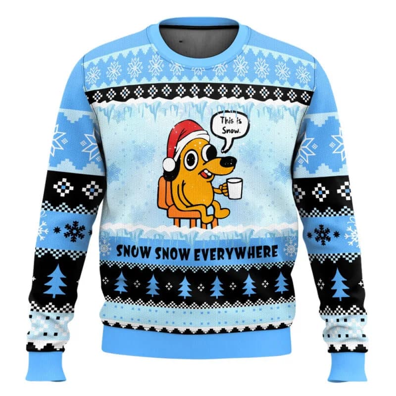 This Is Fine Meme Christmas Ugly Sweater Yellow Black Flame Wind Blue White Ice And Snow Christmas Hat Christmas Gift Funny