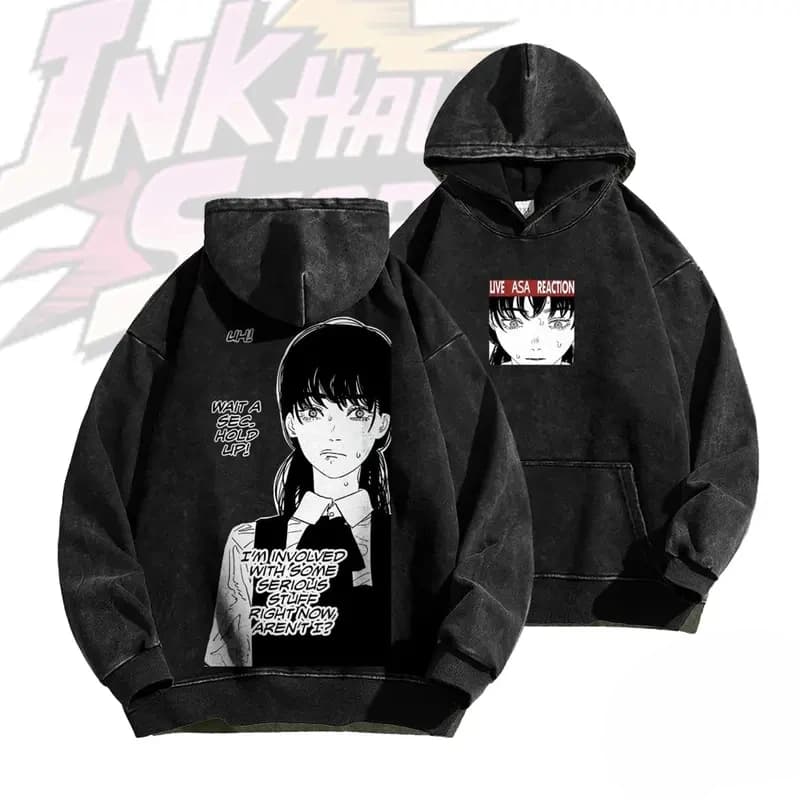 Chainsaw Man Asa Mitaka Anime Graphic Hooded Men Women Vintage Hoodies Washed Cotton Sweatshirt Casual Streetwear Loose Pullover