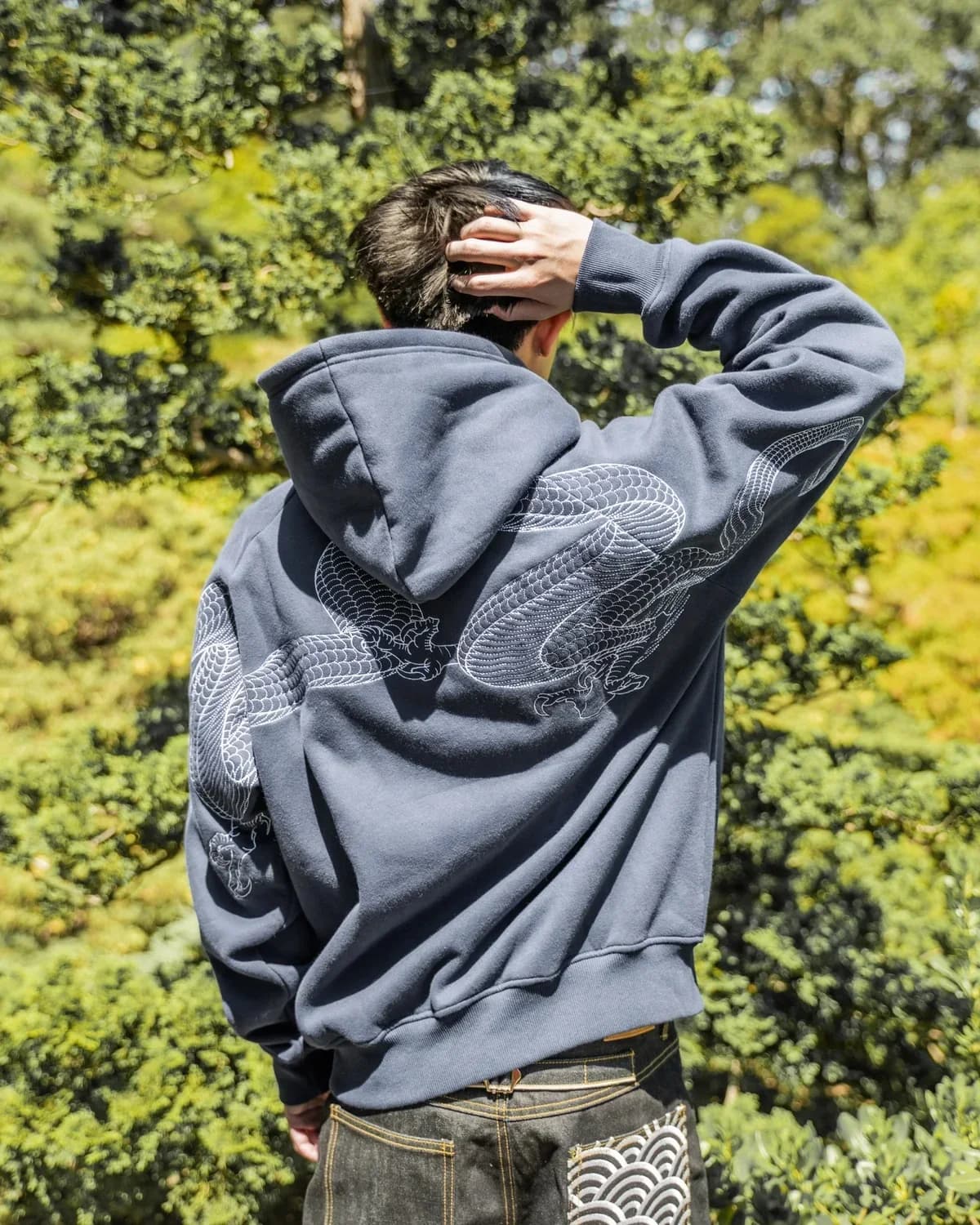 Men Dragon Embroidered Hoodie Sukajan Japanese Style Fleece Lined Pullover Hooded Loose Sweatshirt Casual Streetwear Tops New