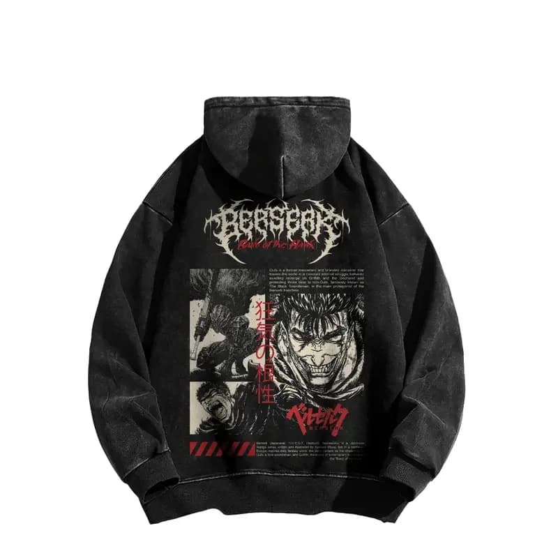 Guts Graphic Hooded Berserk Anime Streetwear Men Women Oversized Hoodies Washed Cotton Pullover Vintage Street Casual Sweatshirt