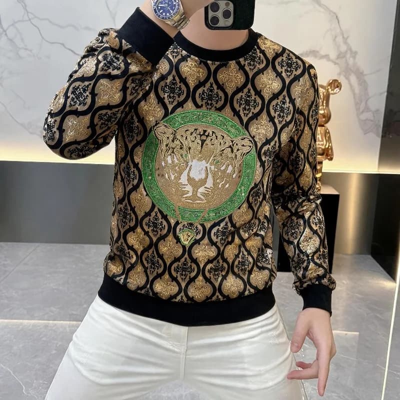Autumn Long Sleeved Velvet Long Sleeved Casual T-shirt Men Sweatshirt Heavy Industry Sequin Social Harajuku Sweatshirt Pullover