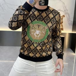 Autumn Long Sleeved Velvet Long Sleeved Casual T-shirt Men Sweatshirt Heavy Industry Sequin Social Harajuku Sweatshirt Pullover