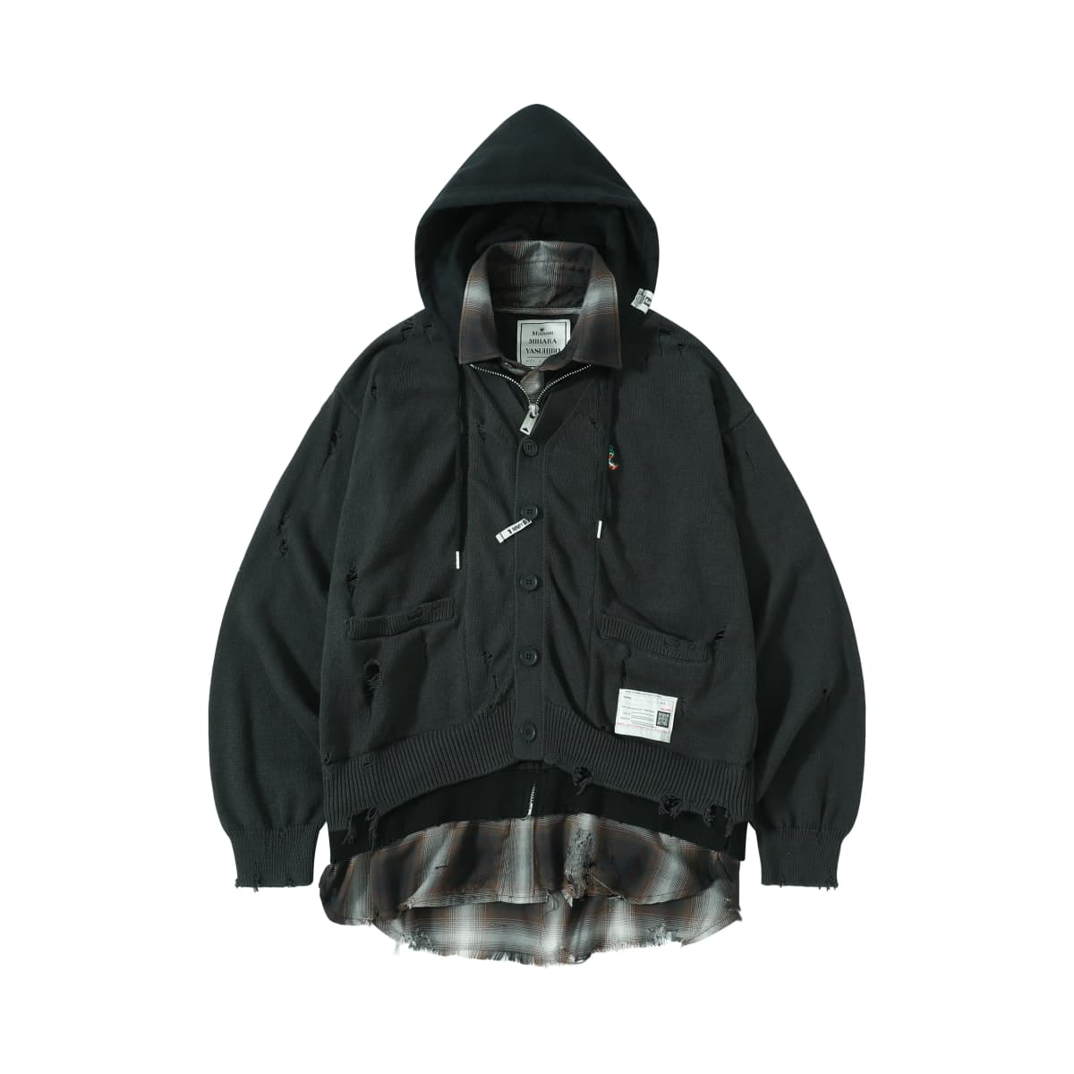 Vintage Washed Fake Three Piece Hooded Knit Cardigan For Men Ripped Destroyed Plaid Splice Layered Street Style Jacket