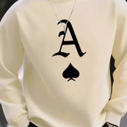 Men's Autumn and Winter Fashionable Casual Loose Poker Card A Print Fleece Pullover Long Sleeved Round Neck Sweatshirt
