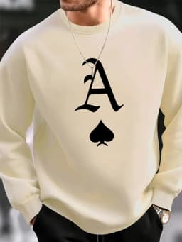 Men's Autumn and Winter Fashionable Casual Loose Poker Card A Print Fleece Pullover Long Sleeved Round Neck Sweatshirt