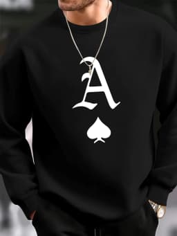Men's Autumn and Winter Fashionable Casual Loose Poker Card A Print Fleece Pullover Long Sleeved Round Neck Sweatshirt