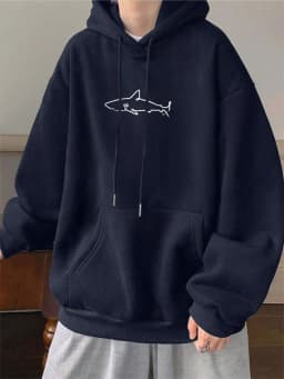 Simple Shark Printing Hoodie For Men Kangaroo Pocket Drawstring Pullovers Thermal Fleece Warm Sweatshirts Autumn Casual Clothes