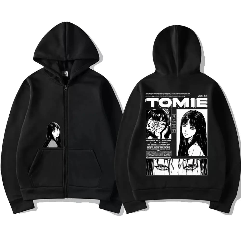 Anime Tomie Junji Ito Zipper Hoodie Men Women Fleece Manga Cosplay Zip Up Jacket Unisex Horror Gothic Harajuku Zip Up Sweatshirt