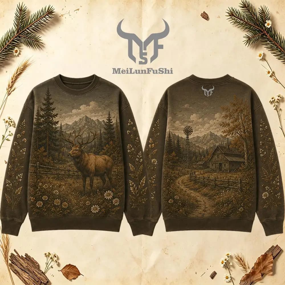 Vintage Wilderness Wildlife Graphic Crew Neck Sweatshirt Men Outdoor All Over Print Pullover Men's And Women's Casual Streetwear
