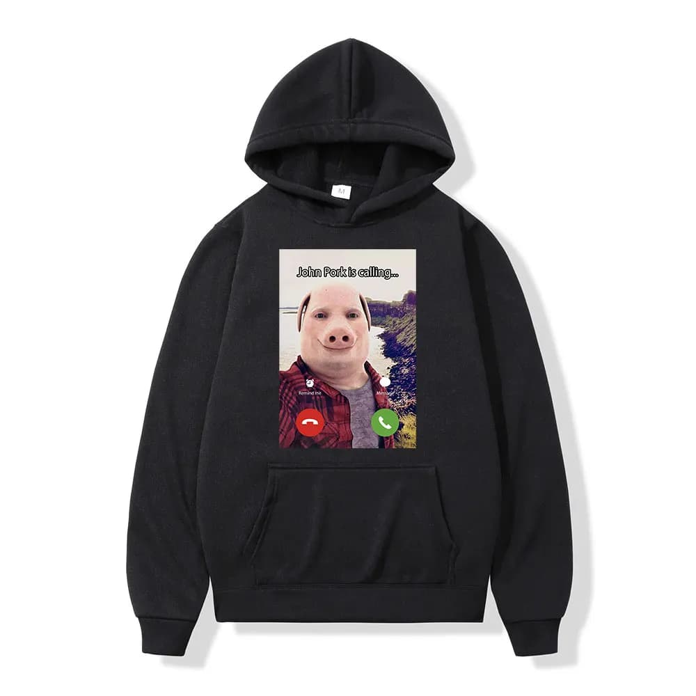 John Pork Is Calling Answer Call Phone Hoodie Humor Funny Pig Meme Graphic Hoodies Fashion Long Sleeve Loose Man Sweatshirt