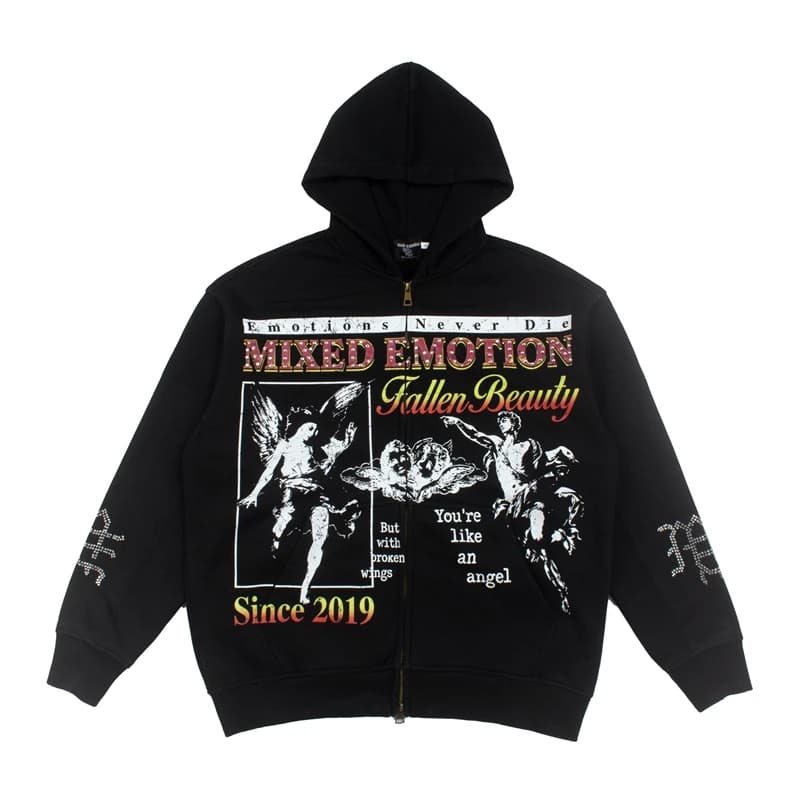 Oversized Hooded Pullover Sweatshirt Hip Hop Punk Men's and Women's Baggy Full Zipper Jacket Angel Graffiti Printed Wash Hoodie