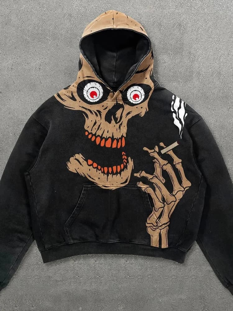 Retro 3D Skull Print Hoodie Sweatshirt Unisex Fashion Outerwear Long Sleeve Polyester Fabric Sport Youthful Vitality Style