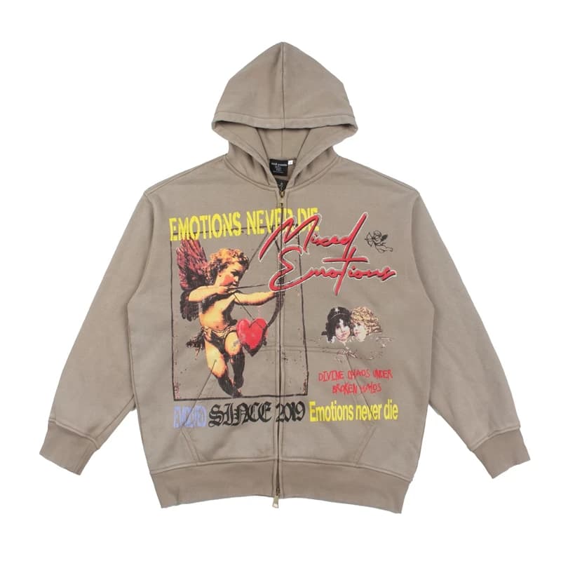 Graphic Zip Up Hoodie Men Vintage Washed Cupid Angel Print Rhinestone Oversized Fleece Hooded Sweatshirt Y2k Streetwear Jacket