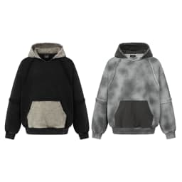 Men Vintage Washed Tie Dye Hoodie Raw Edge Patchwork Color Block Pocket Streetwear Oversized Sweatshirt