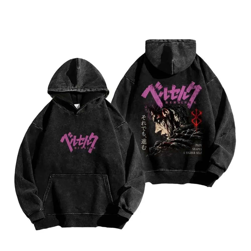 Guts Graphic Clothing Berserk Anime Hooded Men Women Vintage Washed Hoodies Oversized Cotton Sweatshirt Male Casual Streetwear