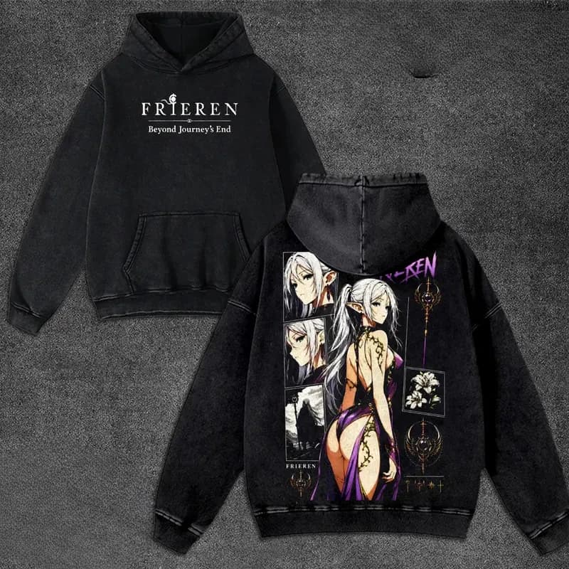 Frieren Anime Graphic Kawaii Hooded Men Women Vintage Hoodies Washed Cotton Sweatshirt Harajuku Streetwear Male Casual Pullover