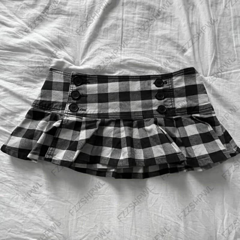 Y2K Skirt Subculture Harajuku Grid print Spicy Girls Mini Skirt Goth Streetwear Button A-line skirt Punk Retro Half length skirt