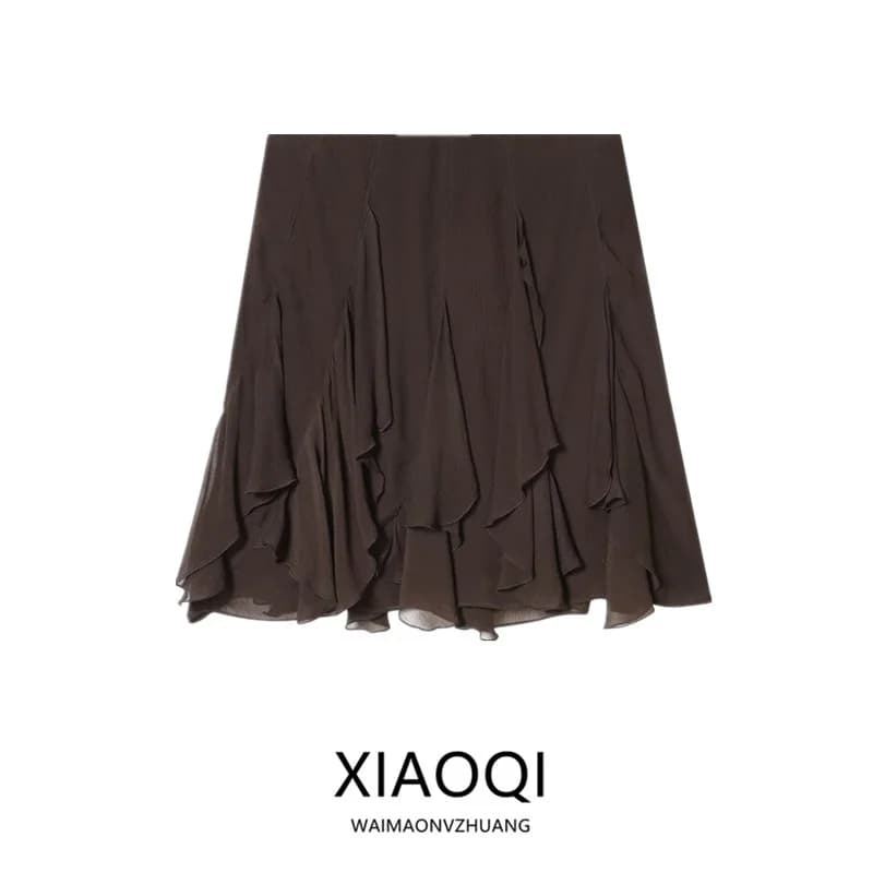 Spring 2026 Asymmetric Hem Half Skirt Women's Design Sense Floral Lace City Commute Midi Skirt Loose Fit mid Waist