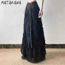 Matakawa Y2k Clothes Black Skirts Women Solid Spring Autumn A-line Vintage Jupe Femme Gothic Japanese Style Bandage Long Skirt