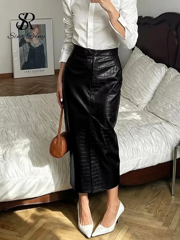 SINGREINY Fake Crocodile Grain Leather Long Skirts Autumn Fashion Designer-Inspired Straight Retro PU Leather Split Skrits