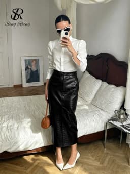 SINGREINY Fake Crocodile Grain Leather Long Skirts Autumn Fashion Designer-Inspired Straight Retro PU Leather Split Skrits