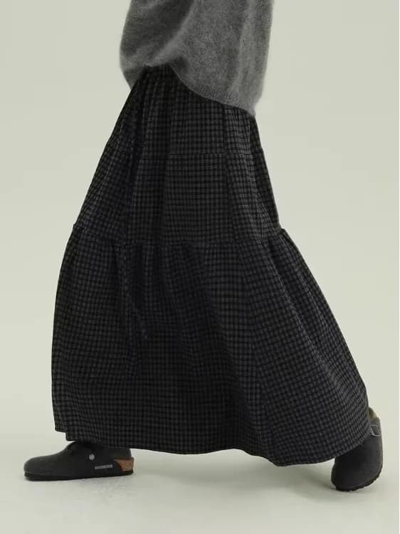 Vintage Korean Plaid Skirt Casual Anti-Aging Cake Style Half-length Skirt Artistic Loose Fit Elastic Waist Design