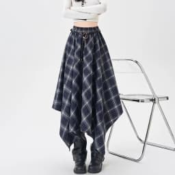 French Vintage Plaid Wrap Skirts for Women Autumn High Waist Pleated A-Line Maxi Skirts Irregular Long Skirts Female Clothing
