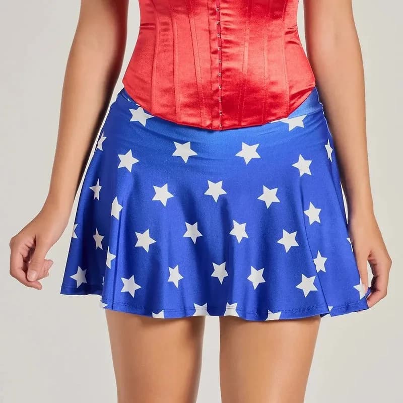 Women Star Print Blue Flared Mini Skirt High Waist A‑Line Short Skirt Halloween Cosplay Party Costume Fancy Dress Bottoms