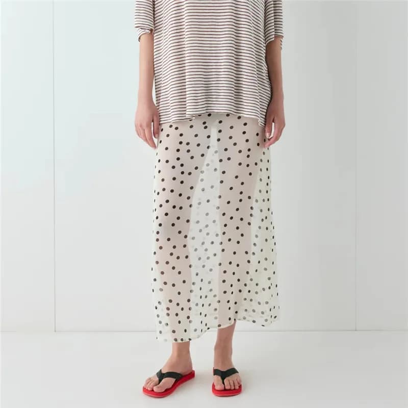 Women Summer Midi Skirts Elegant Polka Dots Print Sheer See Through Long Skirt for Beach Vacation Club Y2K Streetwear