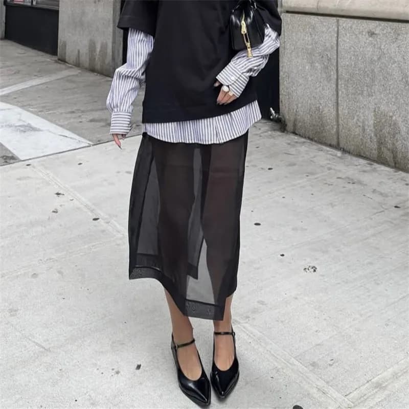 Y2K Grunge Sheer Mesh Midi Skirt Transparent See-Through Trimmed Hem Edgy Layering Skirt for Streetwear Music Festival Outfits