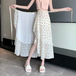 Sun Protection Floral Halter Neck Dress Women's Sweet Style Beach Skirt Asymmetrical Hemline Bell Sleeve Chiffon Wrap ar...