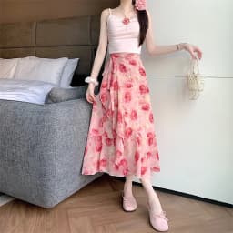 Sun Protection Floral Halter Neck Dress Women's Sweet Style Beach Skirt Asymmetrical Hemline Bell Sleeve Chiffon Wrap ar...