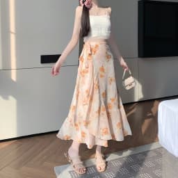 Sun Protection Floral Halter Neck Dress Women's Sweet Style Beach Skirt Asymmetrical Hemline Bell Sleeve Chiffon Wrap ar...