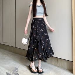 Sun Protection Floral Halter Neck Dress Women's Sweet Style Beach Skirt Asymmetrical Hemline Bell Sleeve Chiffon Wrap ar...