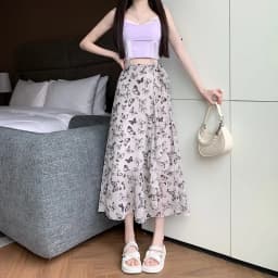 Sun Protection Floral Halter Neck Dress Women's Sweet Style Beach Skirt Asymmetrical Hemline Bell Sleeve Chiffon Wrap ar...