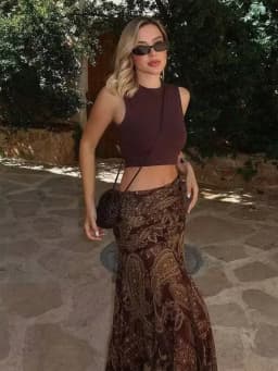 Ruffles Pleated Long Skirts For Women Fashion 2025 New Vintage Printed Midi Skirt High Street Casual Chic Party Skirts