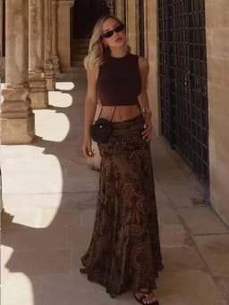 Ruffles Pleated Long Skirts For Women Fashion 2025 New Vintage Printed Midi Skirt High Street Casual Chic Party Skirts