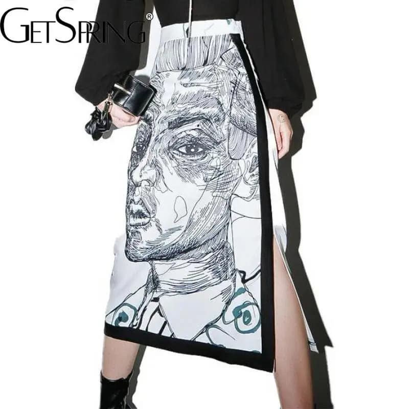 gestring Women Skirt Long Split Print Character High Waist Skirts Color Matching Vintage All Macth Spring Summer Skirts 2021