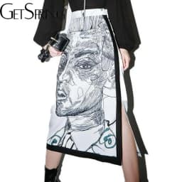 gestring Women Skirt Long Split Print Character High Waist Skirts Color Matching Vintage All Macth Spring Summer Skirts 2021