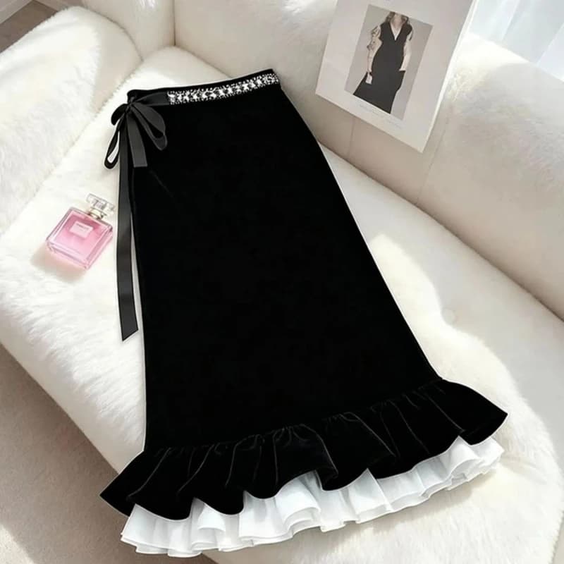 Retro High Waisted Black Velvet Skirt for Women Autumn Winter Fishtail Skirts Harajuku Vintage Юбки Юбка Jupe