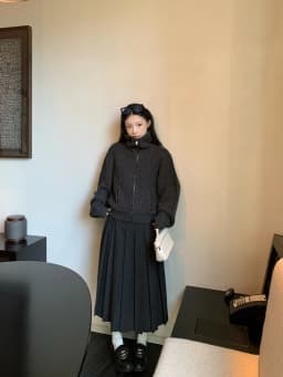 Deep Grey Suit Style A-Line Midi Skirt Women's Autumn Winter High Waist Polyester Fiber Casual High Waist Pleated Skirt