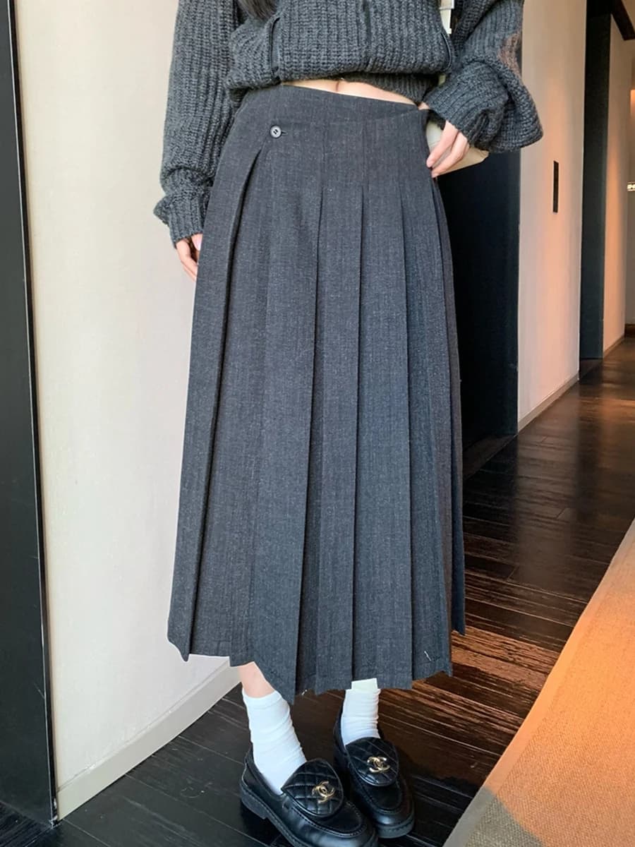 Deep Grey Suit Style A-Line Midi Skirt Women's Autumn Winter High Waist Polyester Fiber Casual High Waist Pleated Skirt