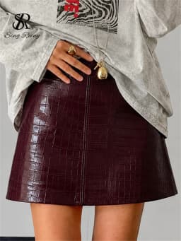 SINGREINY Fake Leather Vintage Mini Skirts Crocodile Grain Plaid Texture Slim Basic Autumn Women Ins Trendy Street A-line Skirts