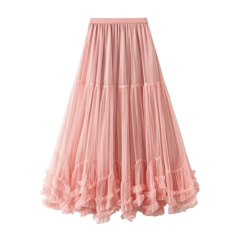 New In 2025 Women's Spring Summer Solid Color Tulle A-line Sweet Tutu Long Skirt Female Korean Fsahion Party Mesh Skirts