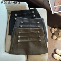 Matakawa Woolen Skirts for Women Solid Buttons A-line Elegant Mini Skirt Versatile Korean Fashion Retro Ropa De Mujer