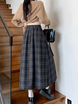 Women's Vintage Plaid Wool&blend Pleated Long Skirt Lady Spring Autumn Streetwear High Waist A Line Long Skirt