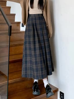 Women's Vintage Plaid Wool&blend Pleated Long Skirt Lady Spring Autumn Streetwear High Waist A Line Long Skirt