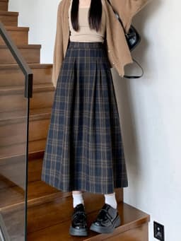 Women's Vintage Plaid Wool&blend Pleated Long Skirt Lady Spring Autumn Streetwear High Waist A Line Long Skirt