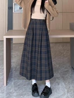 Women's Vintage Plaid Wool&blend Pleated Long Skirt Lady Spring Autumn Streetwear High Waist A Line Long Skirt