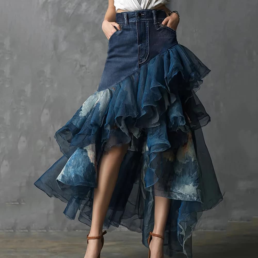 Women's Denim Tie-dye Ruffle Maxi Skirt High Waisted Asymmetrical Sheer Tulle Layered Skirt For Female Fashion Outfits Skirts